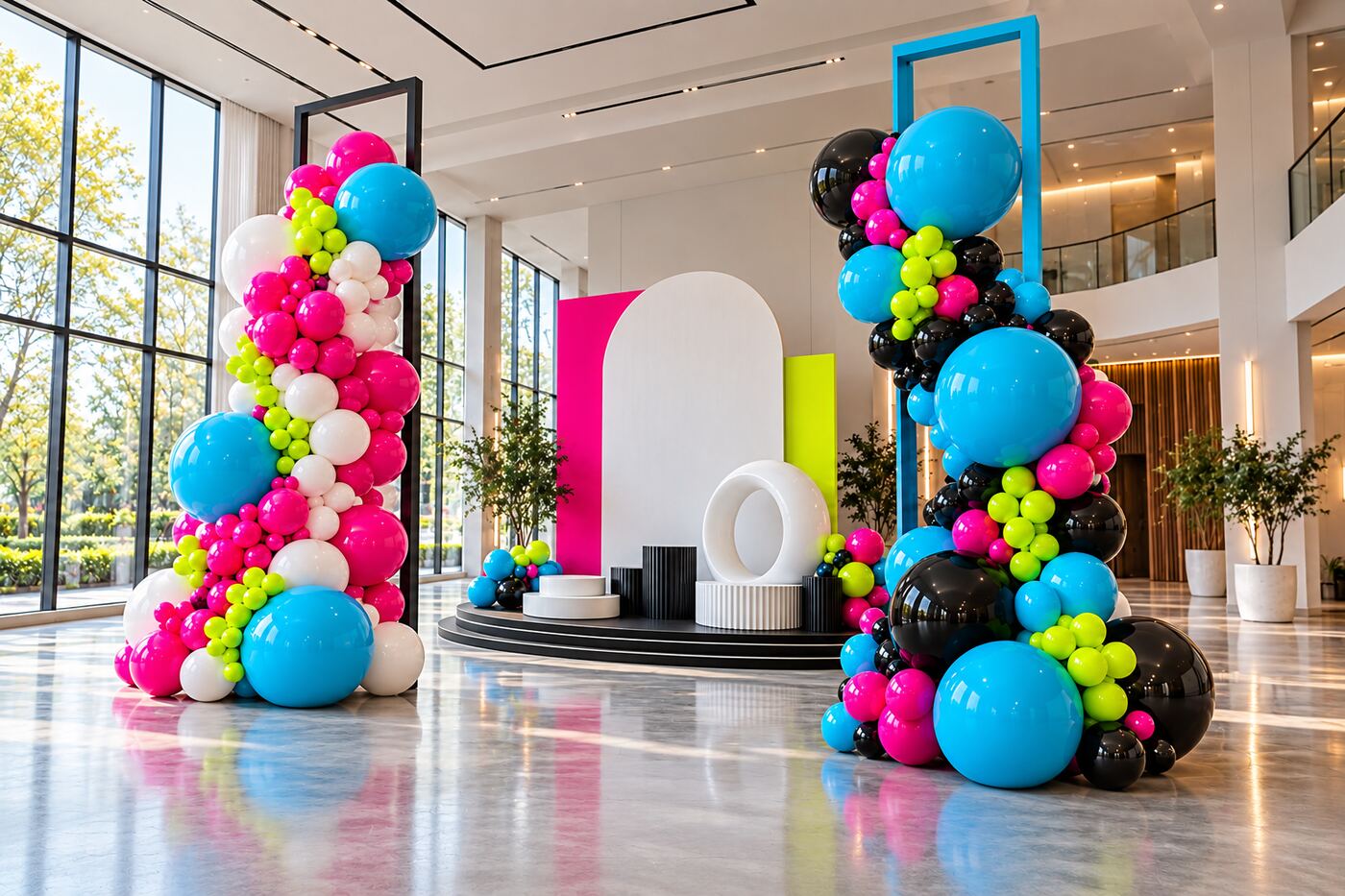 Campus Electric: right three-quarter full view of magenta, cyan, lime, black and white balloon columns with geometric frames and a layered stage backdrop.