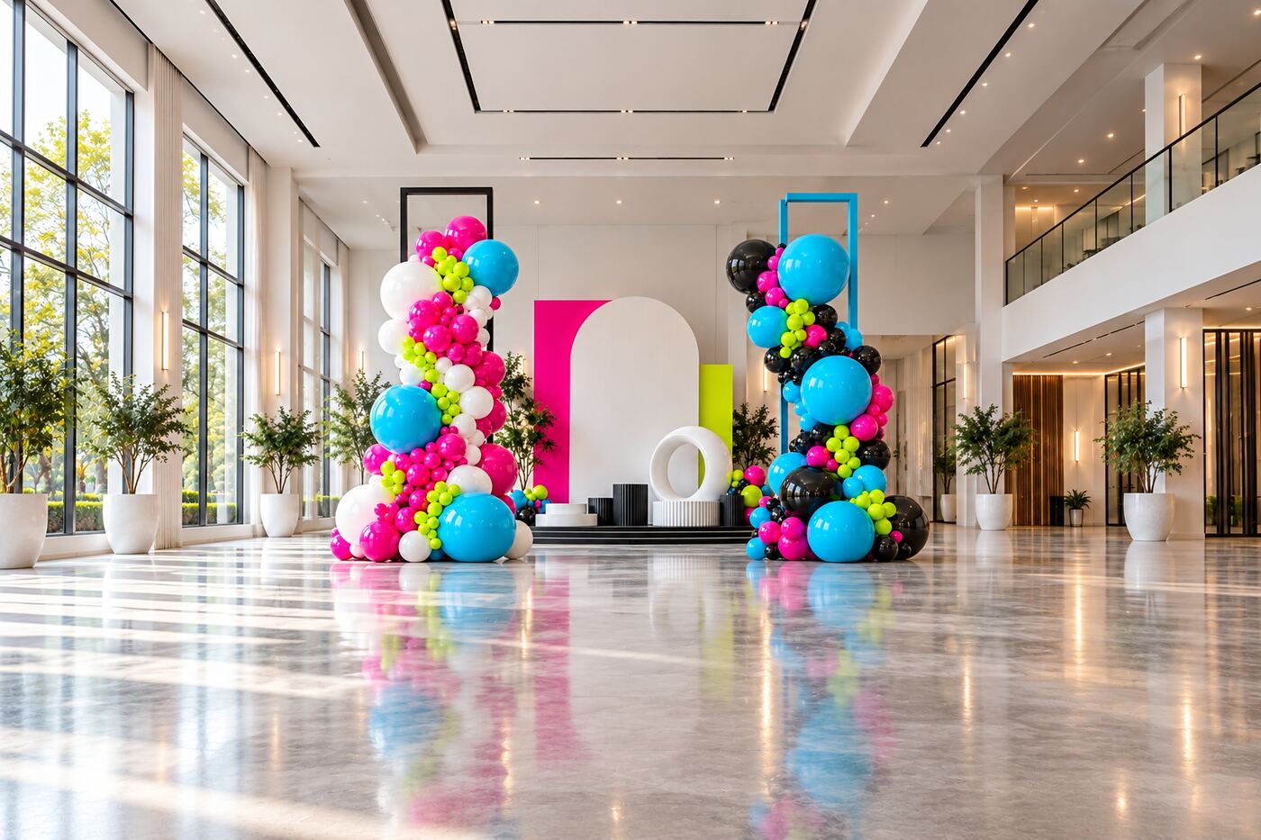Campus Electric: wide venue view of magenta, cyan, lime, black and white balloon columns with geometric frames and a layered stage backdrop.