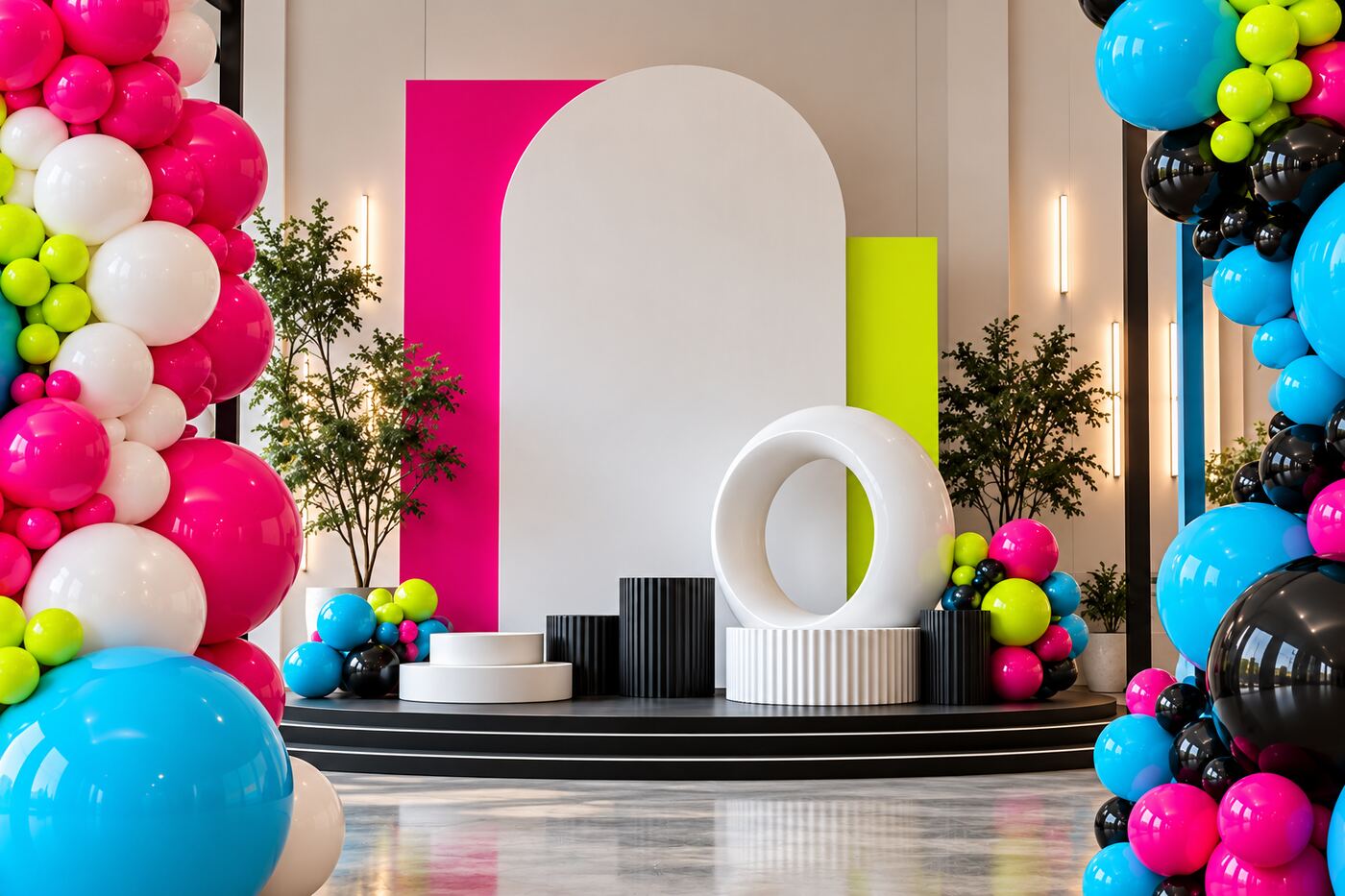 Campus Electric: center backdrop view of magenta, cyan, lime, black and white balloon columns with geometric frames and a layered stage backdrop.