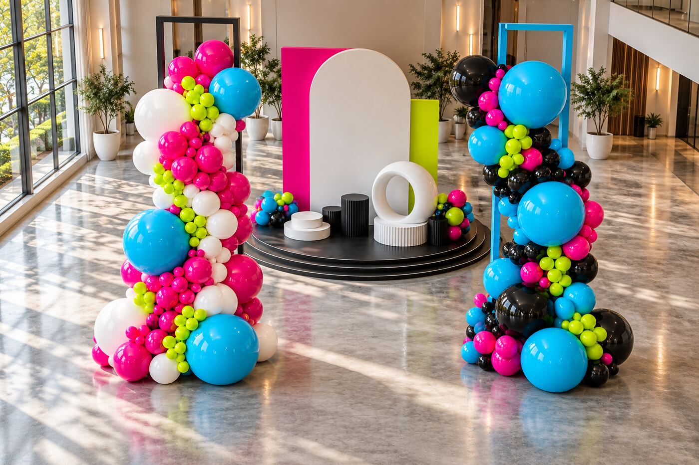 Campus Electric: high angle composition of magenta, cyan, lime, black and white balloon columns with geometric frames and a layered stage backdrop.