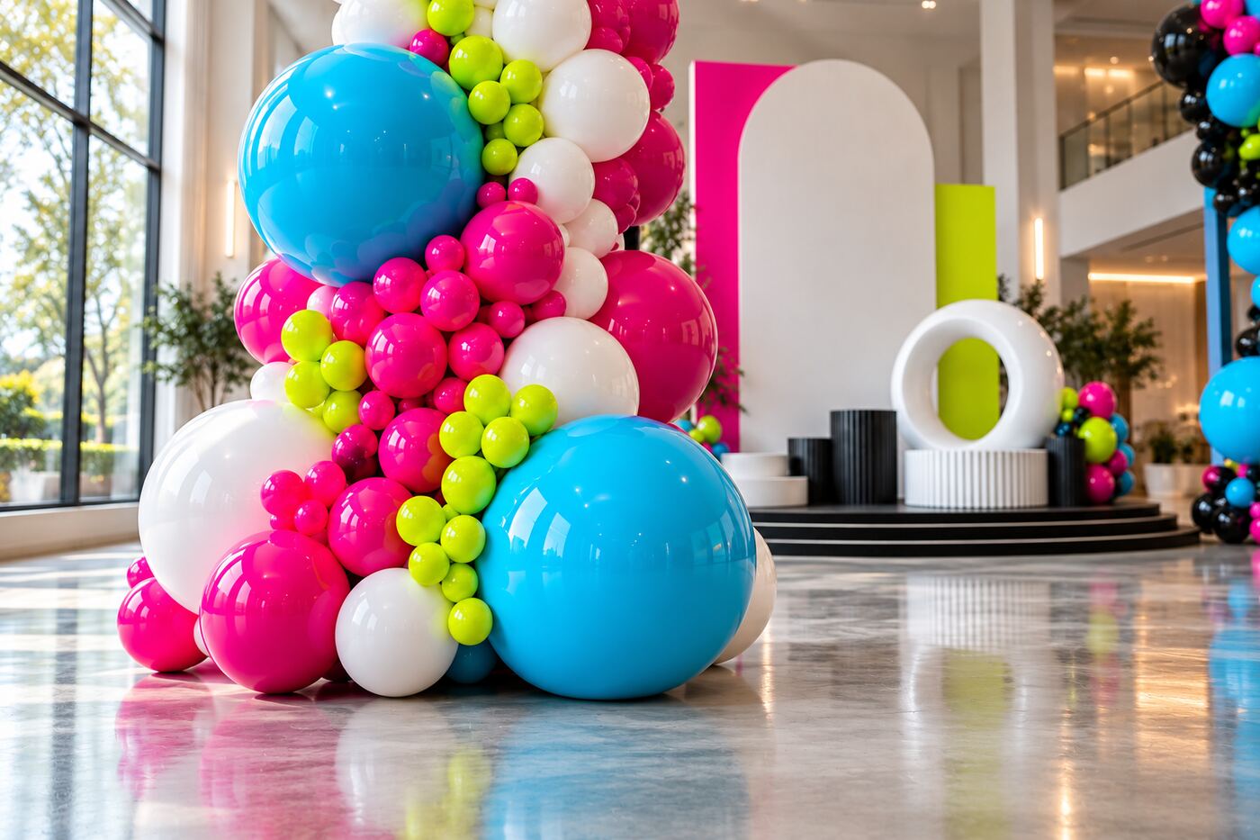 Campus Electric: secondary focal vignette of magenta, cyan, lime, black and white balloon columns with geometric frames and a layered stage backdrop.
