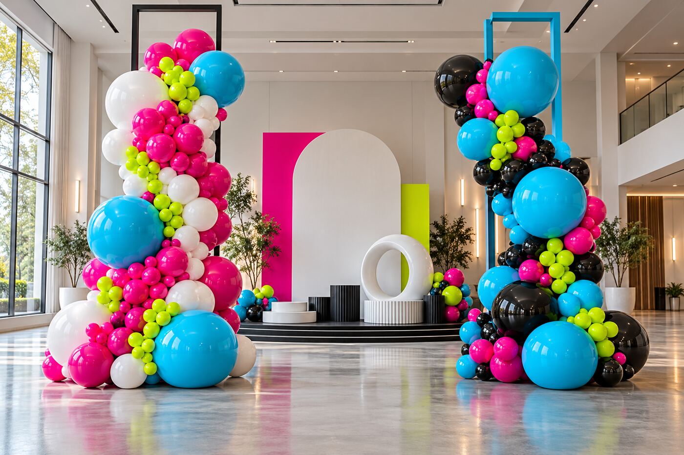 Campus Electric original installation, showing magenta, cyan, lime, black and white balloon columns with geometric frames and a layered stage backdrop.