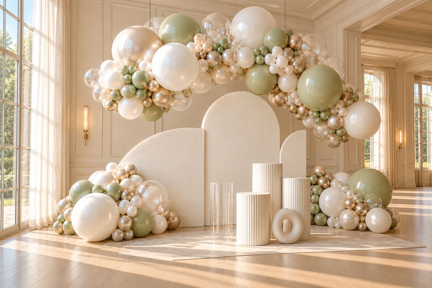 Cloud Nine: left three-quarter full view of a suspended pearl, champagne and sage balloon cloud above three curved ivory panels and sculptural plinths.
