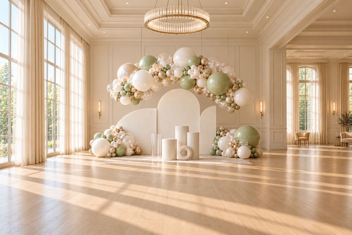 Cloud Nine: wide venue view of a suspended pearl, champagne and sage balloon cloud above three curved ivory panels and sculptural plinths.
