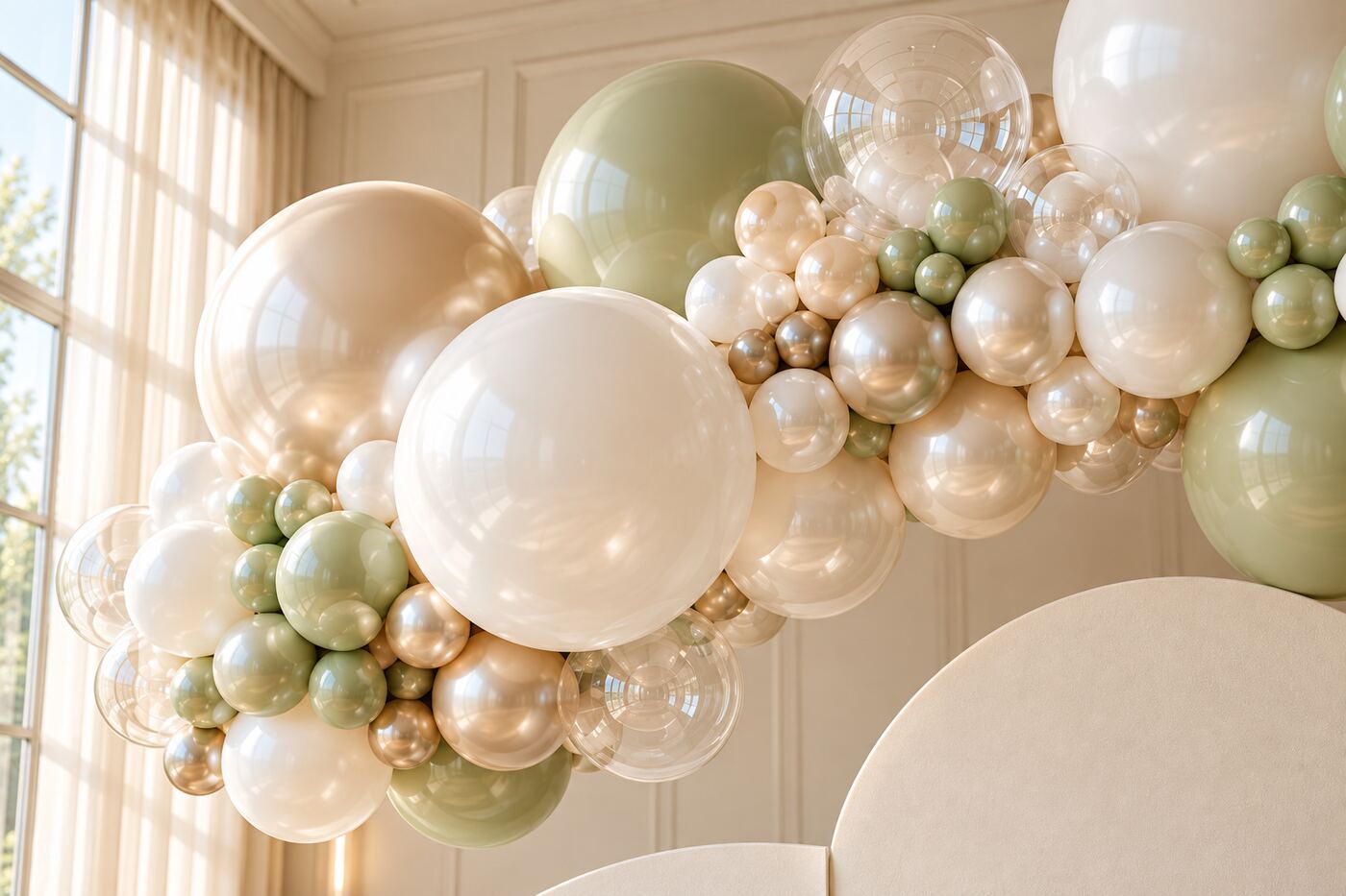 Cloud Nine: layered balloon detail of a suspended pearl, champagne and sage balloon cloud above three curved ivory panels and sculptural plinths.