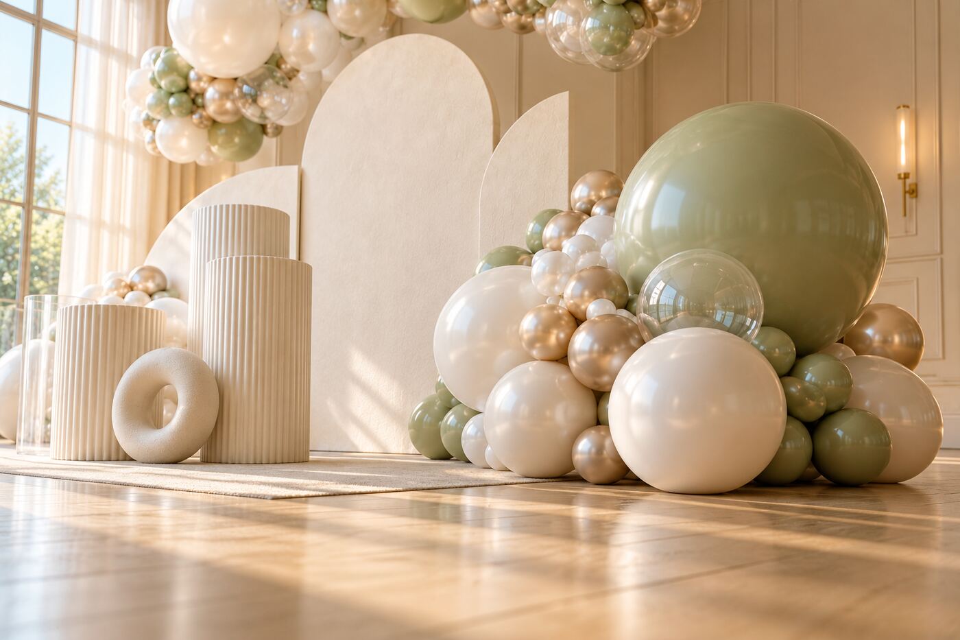 Cloud Nine: floor and installation base detail of a suspended pearl, champagne and sage balloon cloud above three curved ivory panels and sculptural plinths.