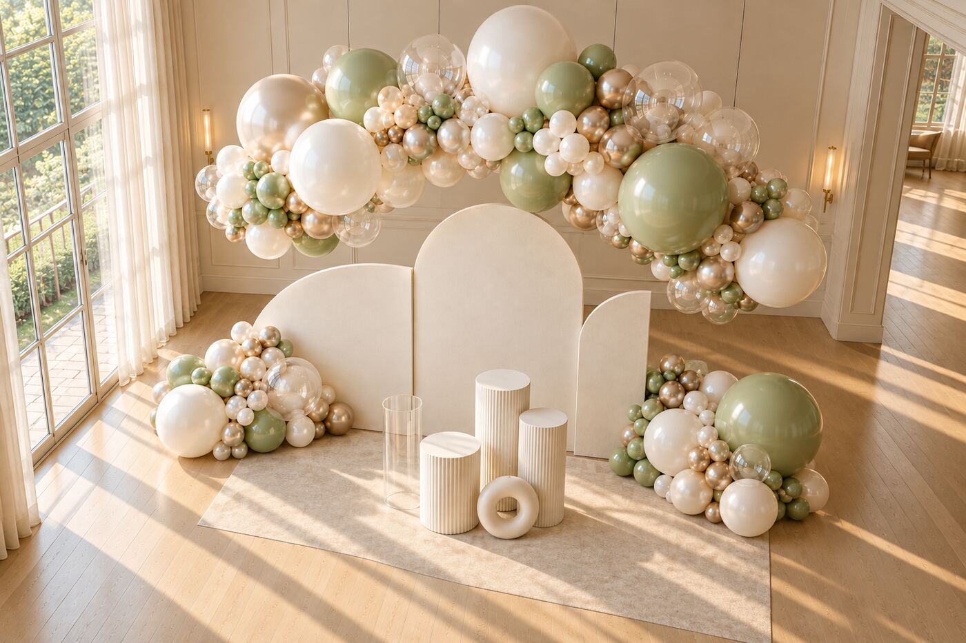 Cloud Nine: high angle composition of a suspended pearl, champagne and sage balloon cloud above three curved ivory panels and sculptural plinths.