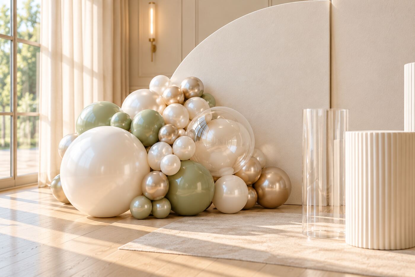 Cloud Nine: secondary focal vignette of a suspended pearl, champagne and sage balloon cloud above three curved ivory panels and sculptural plinths.