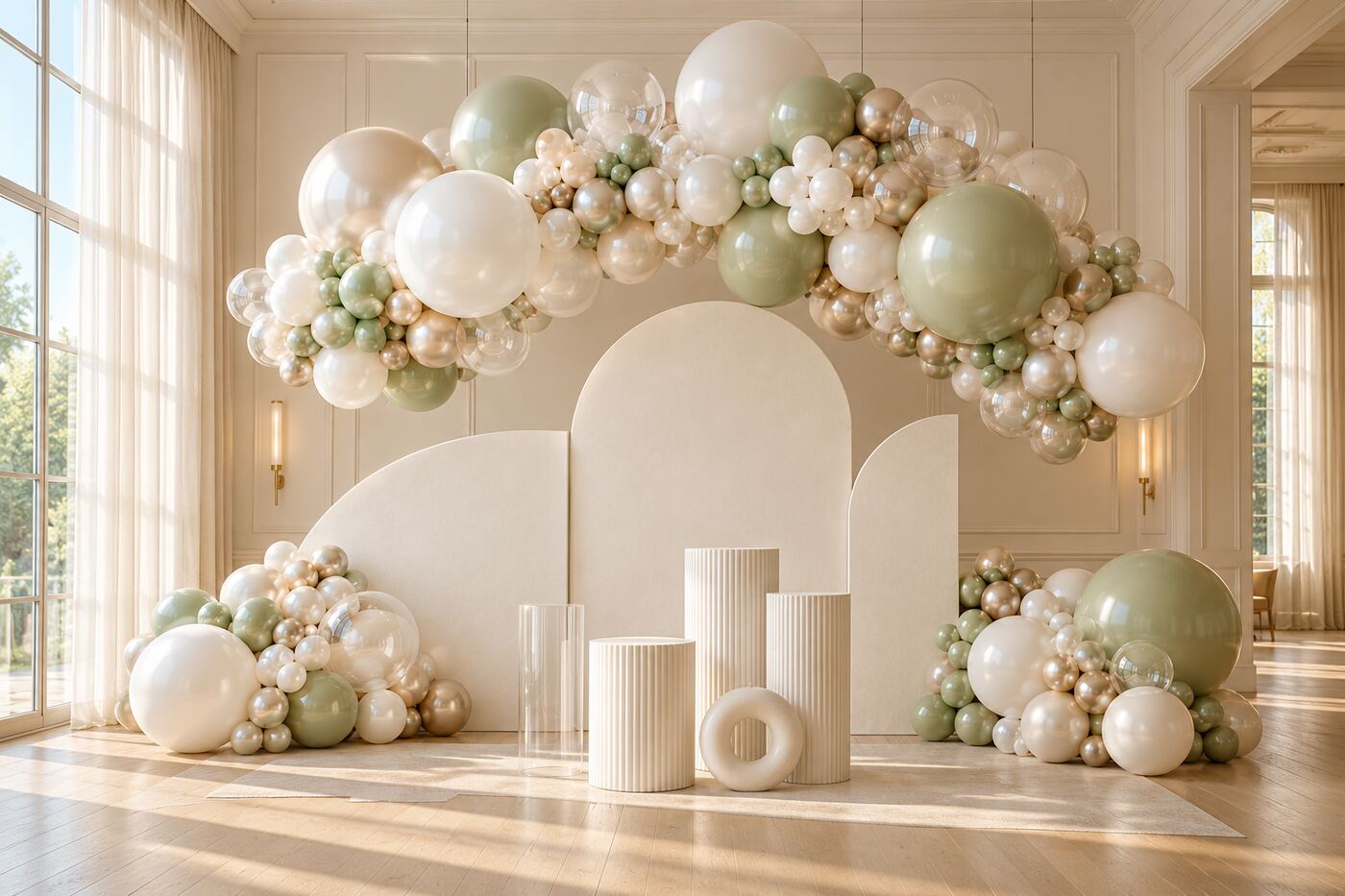 Cloud Nine original installation, showing a suspended pearl, champagne and sage balloon cloud above three curved ivory panels and sculptural plinths.