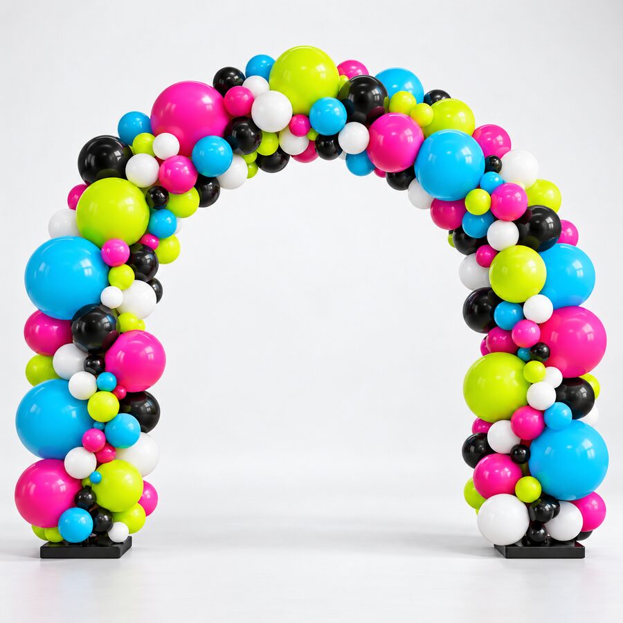 Classic freestanding organic balloon arch with two black weighted bases.