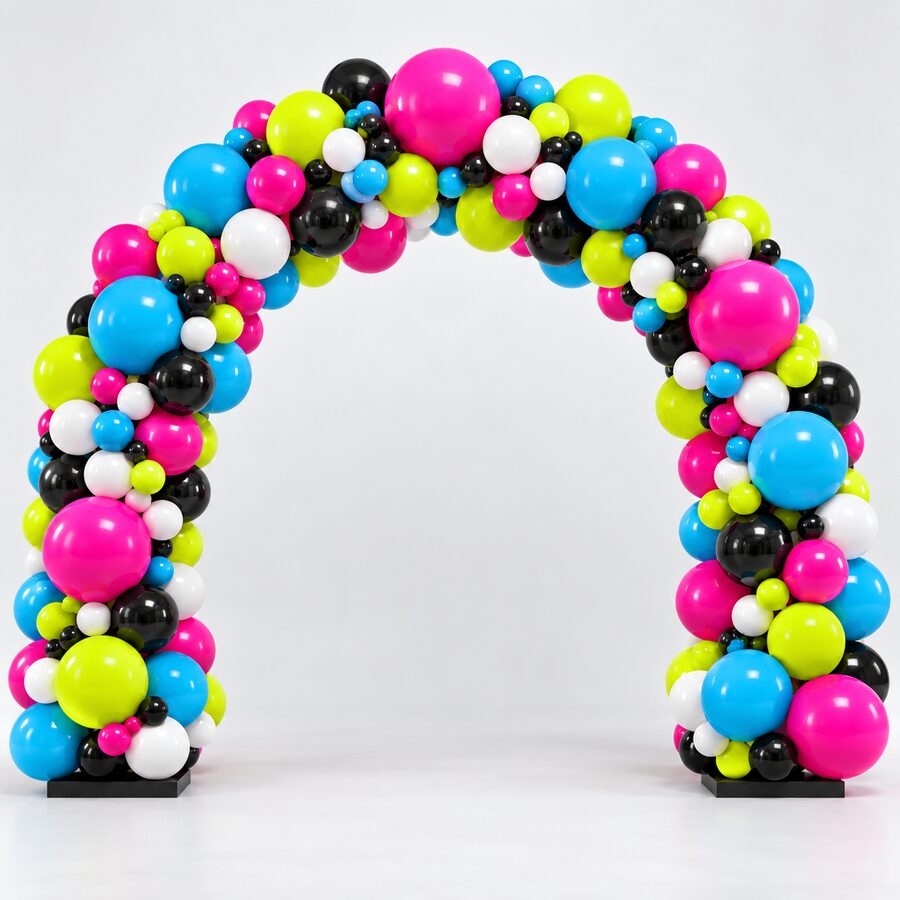 Extra-large dense freestanding organic balloon arch on two black weighted bases.