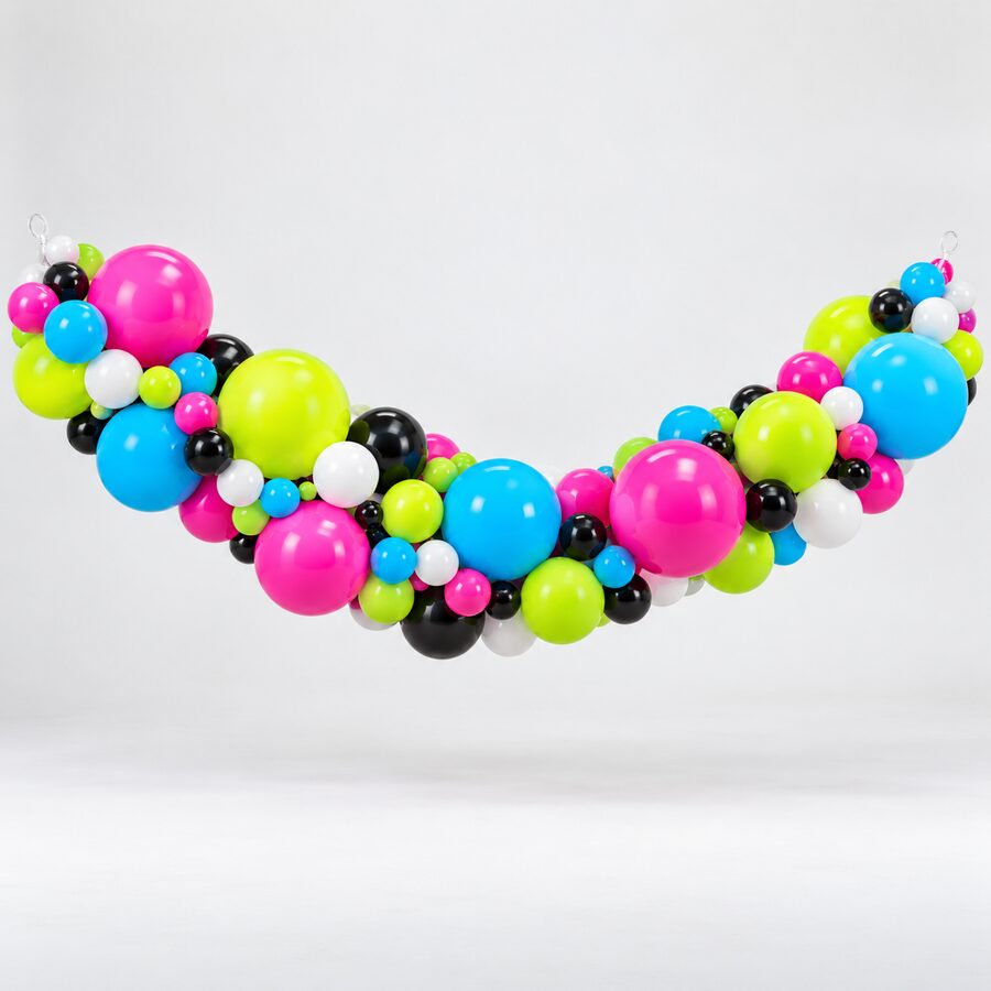 Classic organic balloon garland with mixed balloon sizes in the NOX palette.