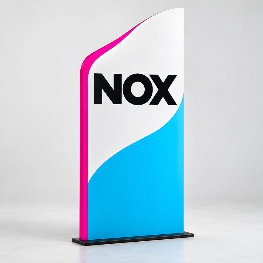 Asymmetric cyan and white NOX backdrop panel with a magenta accent strip
