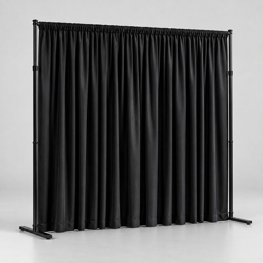 Black pipe and drape curtain backdrop with gathered fabric and visible support feet