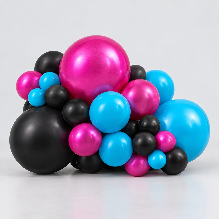 Premium black, pearlescent magenta and cyan latex balloon cluster