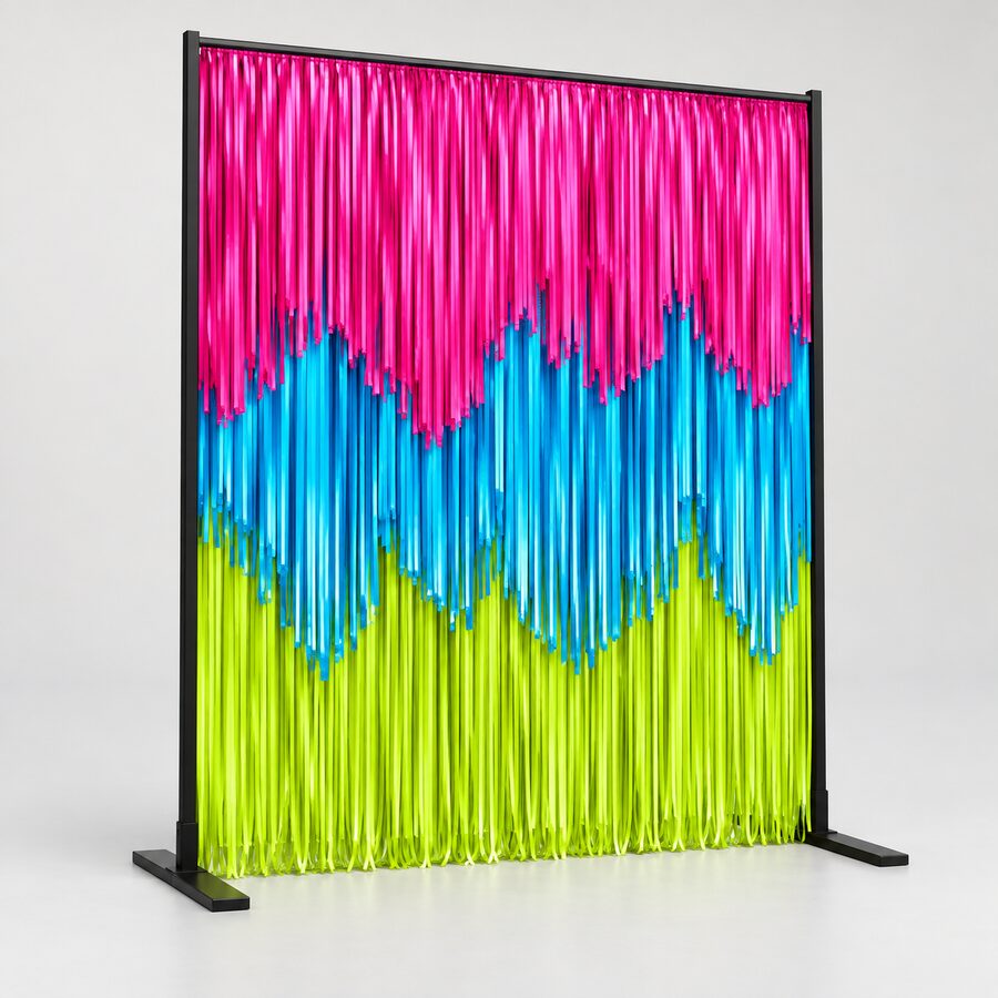 Layered magenta, cyan and lime fringe backdrop on a black freestanding frame