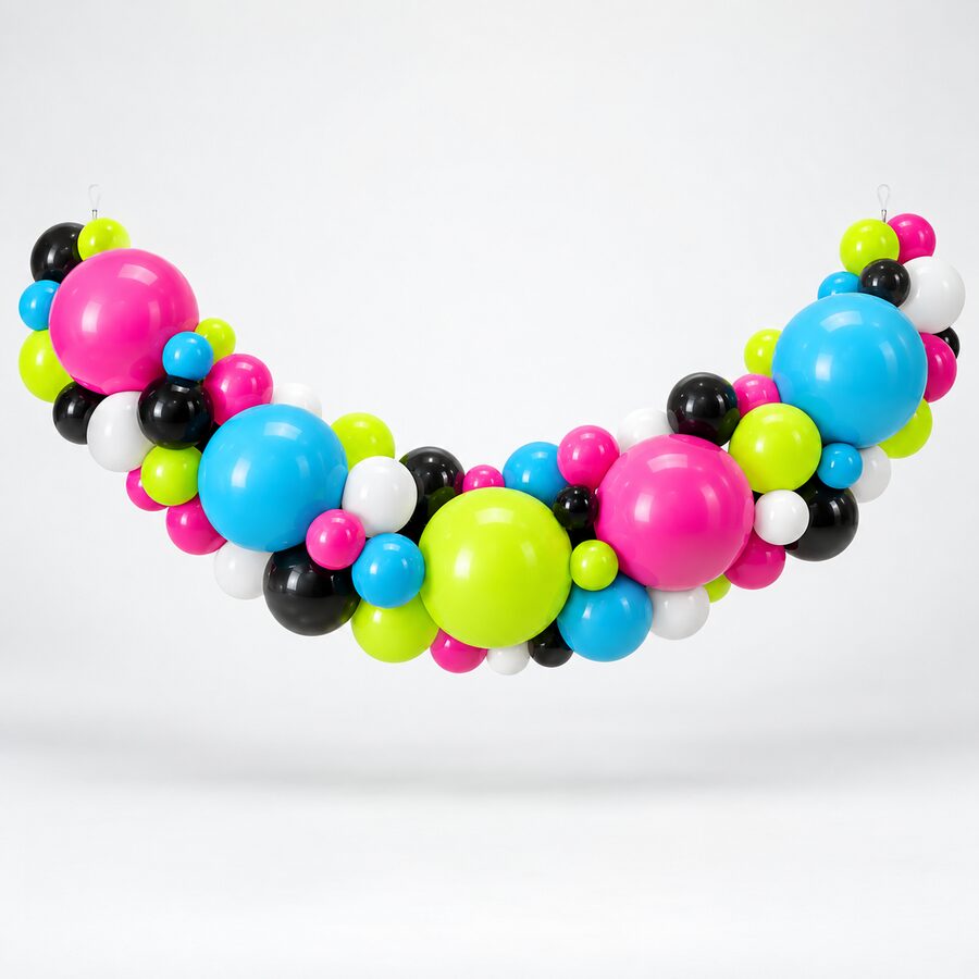 Compact organic balloon garland in magenta, cyan, acid lime, black, and white.