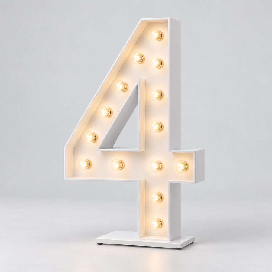 White marquee number 4 prop with warm illuminated bulbs