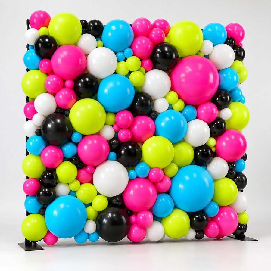 Square classic balloon wall densely packed with glossy latex balloons on black support feet.